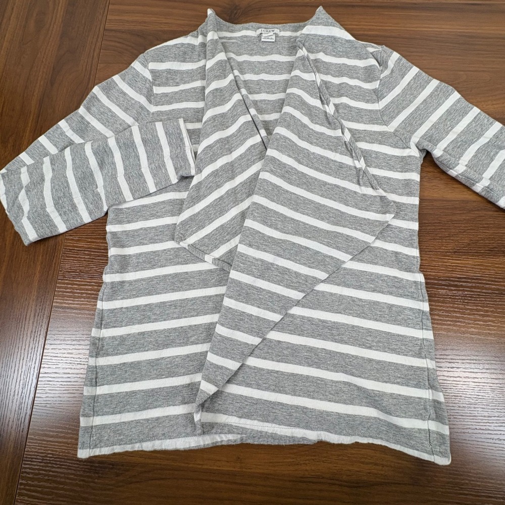 J Crew Striped Open Front Cardigan Sweater Womens Size M Gray White Cotton - Picture 3 of 10